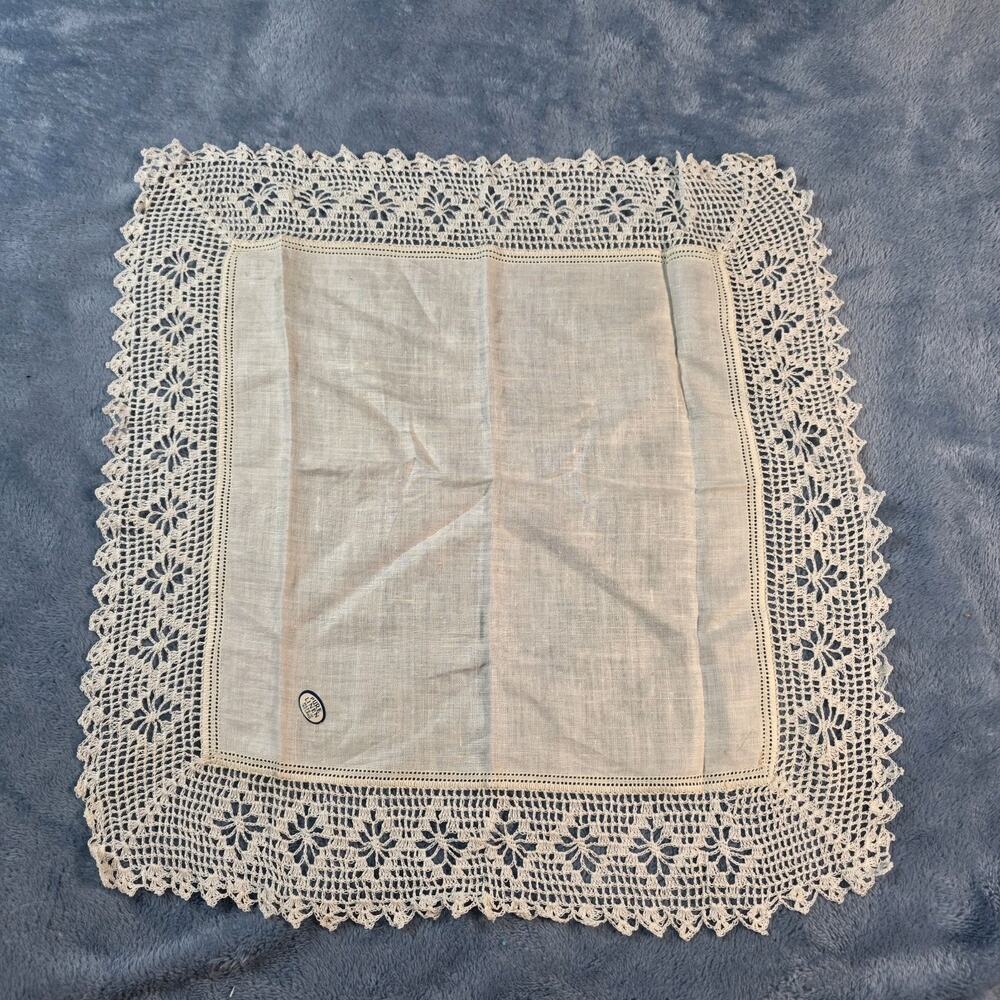 Vintage Pure Linen Handkerchief Handmade Wide Crochet Lace White Bridal Hanky